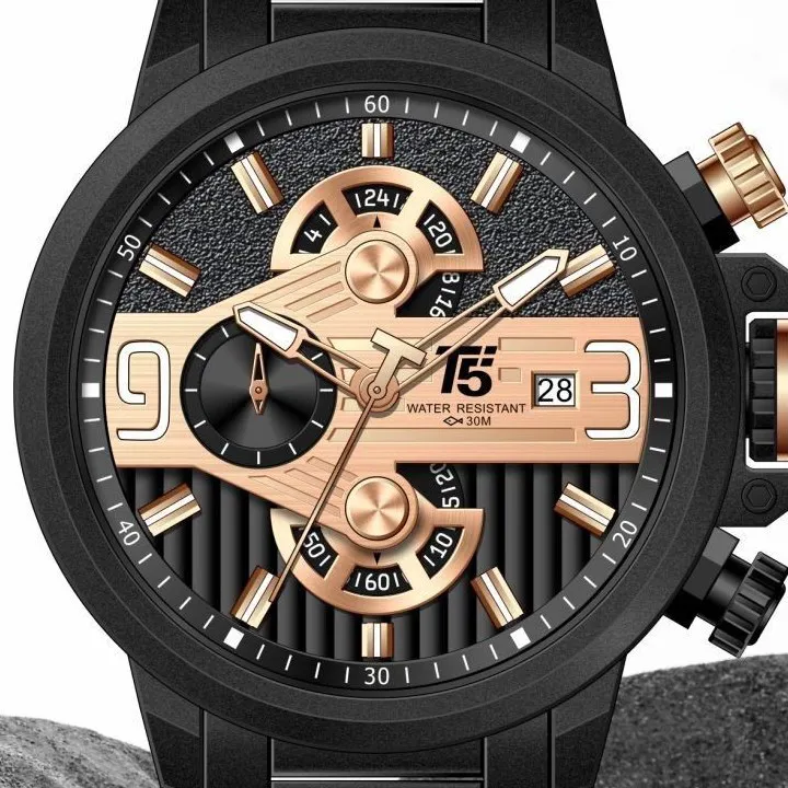 Close-up of a T5 chronograph dial with three rose-gold subdials and a date window