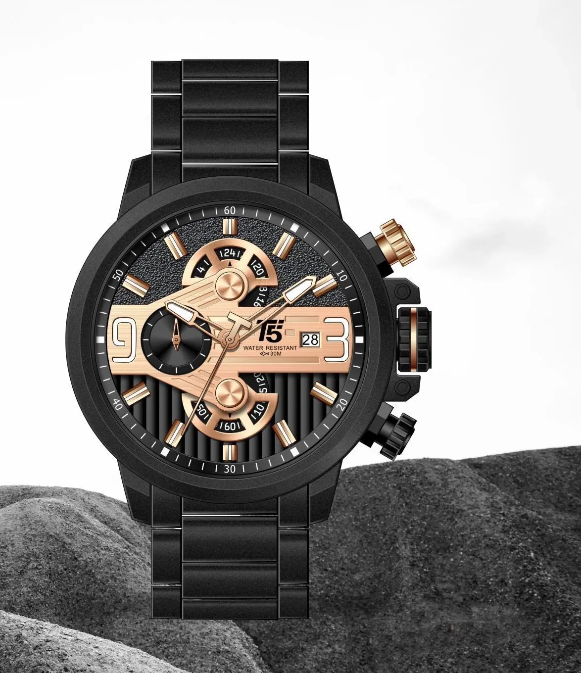 Black T5 chronograph with a rose-gold dial and black link bracelet, set against dark rock